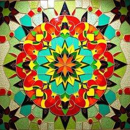 An intricate mosaic tile design featuring a range of vibrant colors like turquoise, deep red, sunny yellow, and lush green