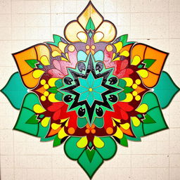 An intricate mosaic tile design featuring a range of vibrant colors like turquoise, deep red, sunny yellow, and lush green