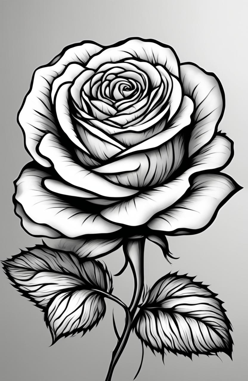 A digital art image in the style of a colouring book page by Tim Jeffs, featuring an intricately detailed rose