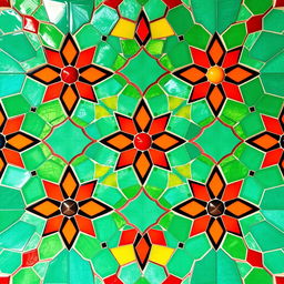 An intricate mosaic tile design featuring a range of vibrant colors like turquoise, deep red, sunny yellow, and lush green