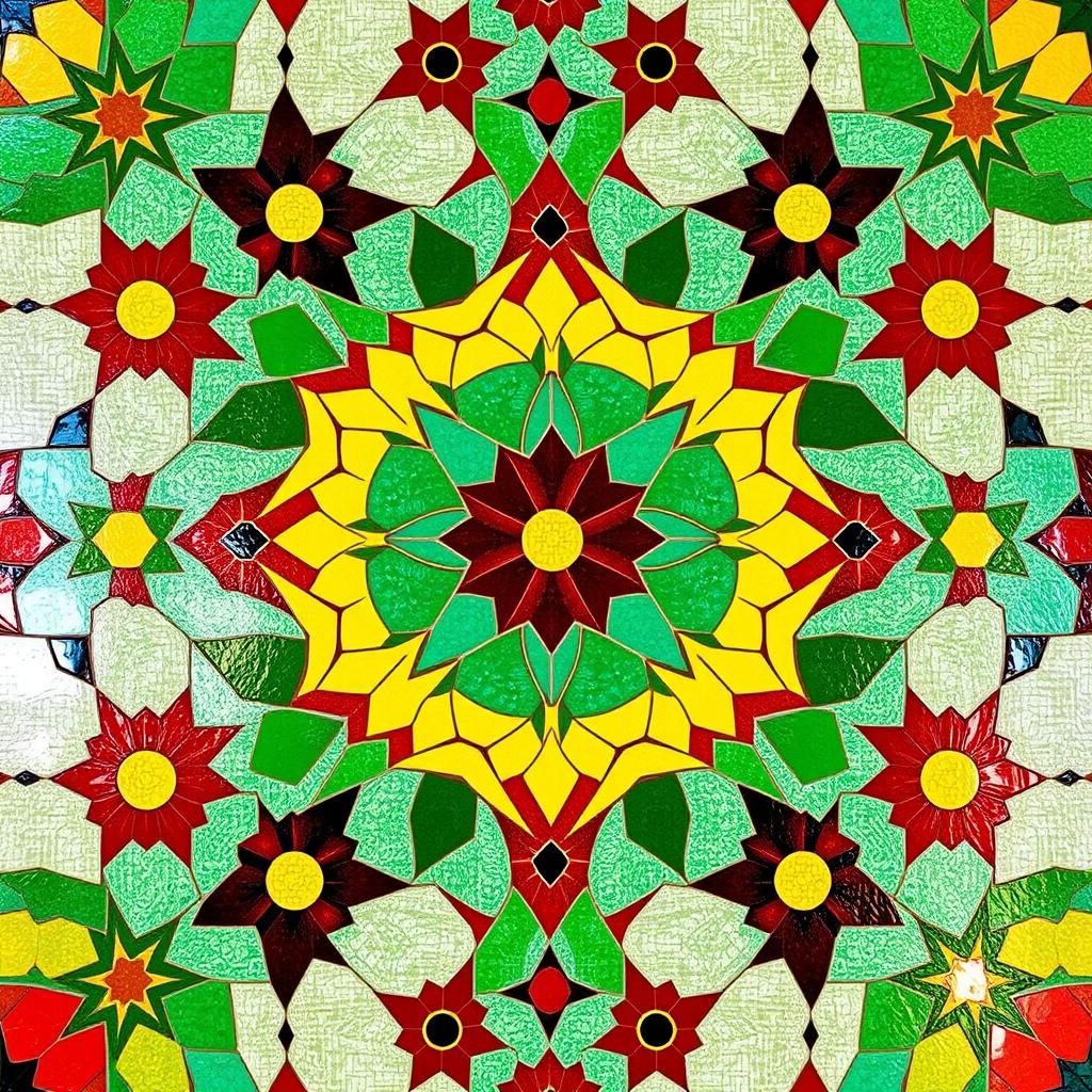 An intricate mosaic tile design featuring a range of vibrant colors like turquoise, deep red, sunny yellow, and lush green