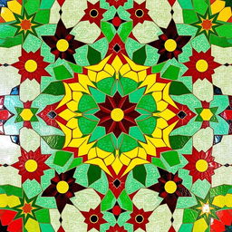 An intricate mosaic tile design featuring a range of vibrant colors like turquoise, deep red, sunny yellow, and lush green