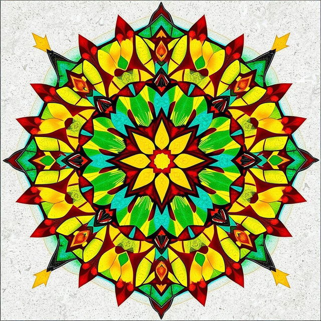 An intricate mosaic tile design featuring a range of vibrant colors like turquoise, deep red, sunny yellow, and lush green