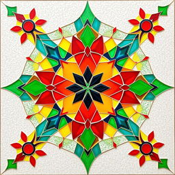 An intricate mosaic tile design featuring a range of vibrant colors like turquoise, deep red, sunny yellow, and lush green