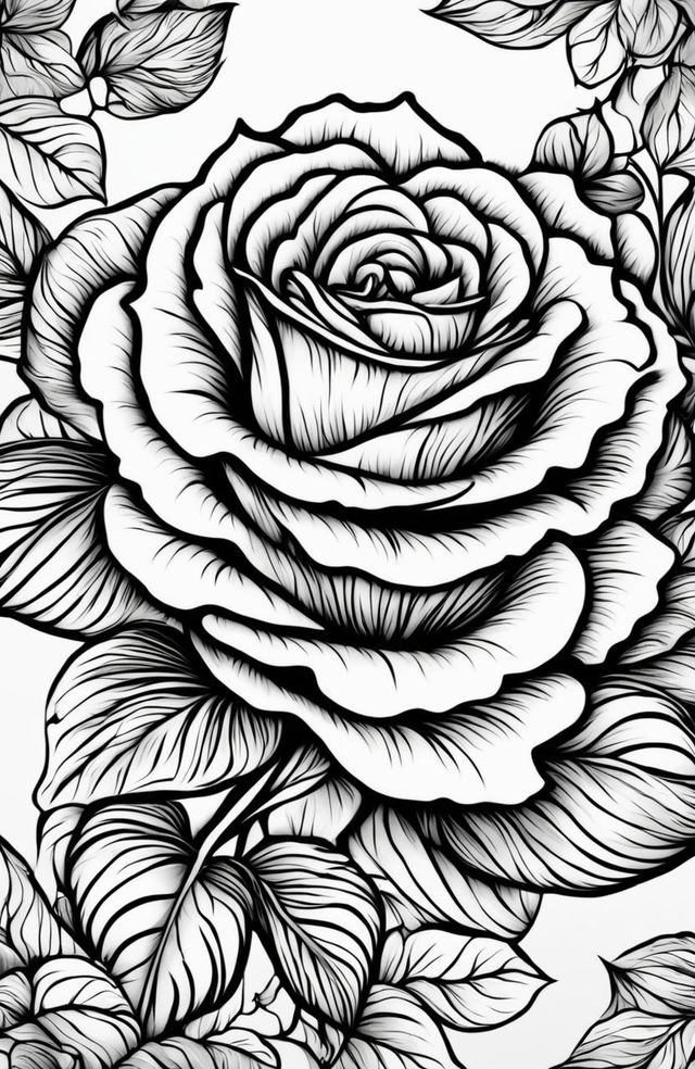 A digital art image in the style of a colouring book page by Tim Jeffs, featuring an intricately detailed rose