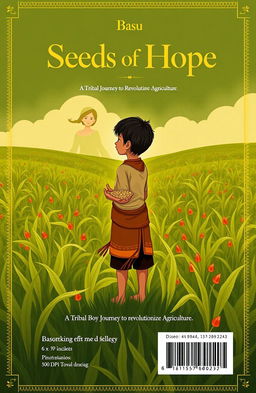 A poignant illustration of a young tribal boy named Basu standing amidst lush green fields, holding a handful of seeds, symbolizing hope and new beginnings