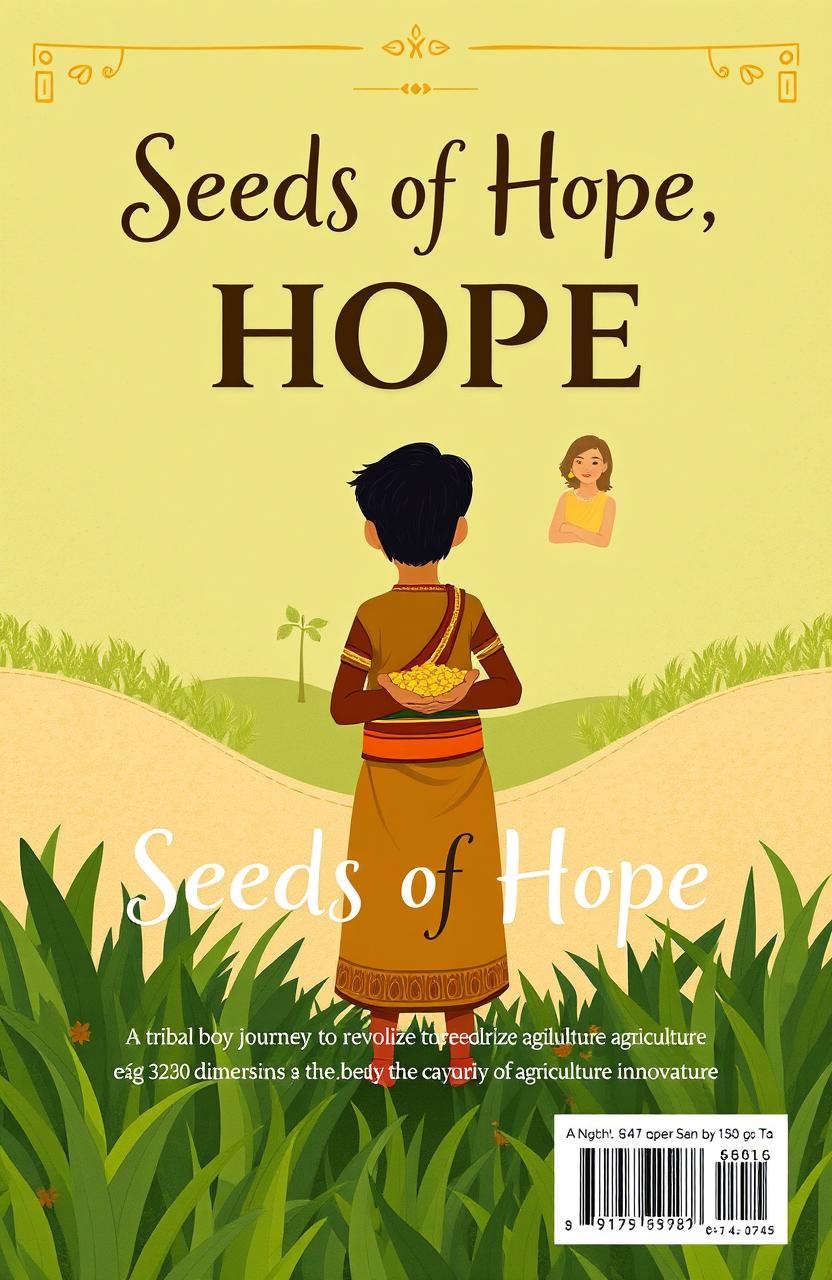 A poignant illustration of a young tribal boy named Basu standing amidst lush green fields, holding a handful of seeds, symbolizing hope and new beginnings