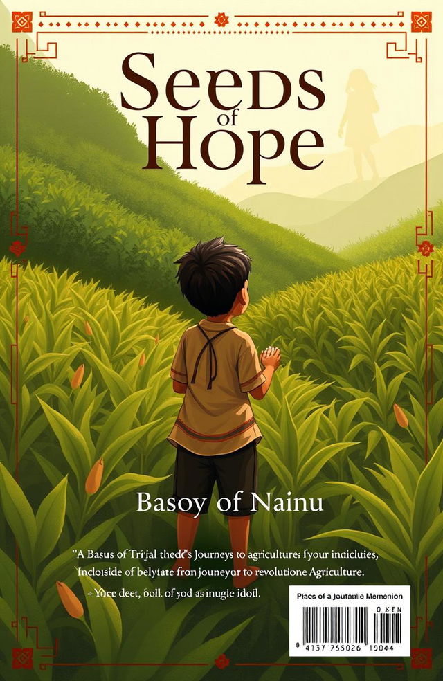 A poignant illustration of a young tribal boy named Basu standing amidst lush green fields, holding a handful of seeds, symbolizing hope and new beginnings