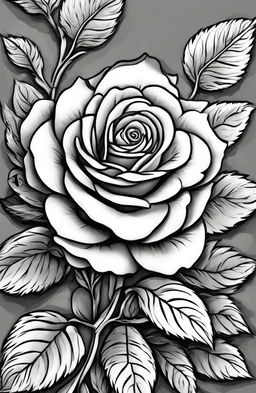 A digital art image in the style of a colouring book page by Tim Jeffs, featuring an intricately detailed rose