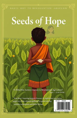 A poignant illustration of a young tribal boy named Basu standing amidst lush green fields, holding a handful of seeds, symbolizing hope and new beginnings