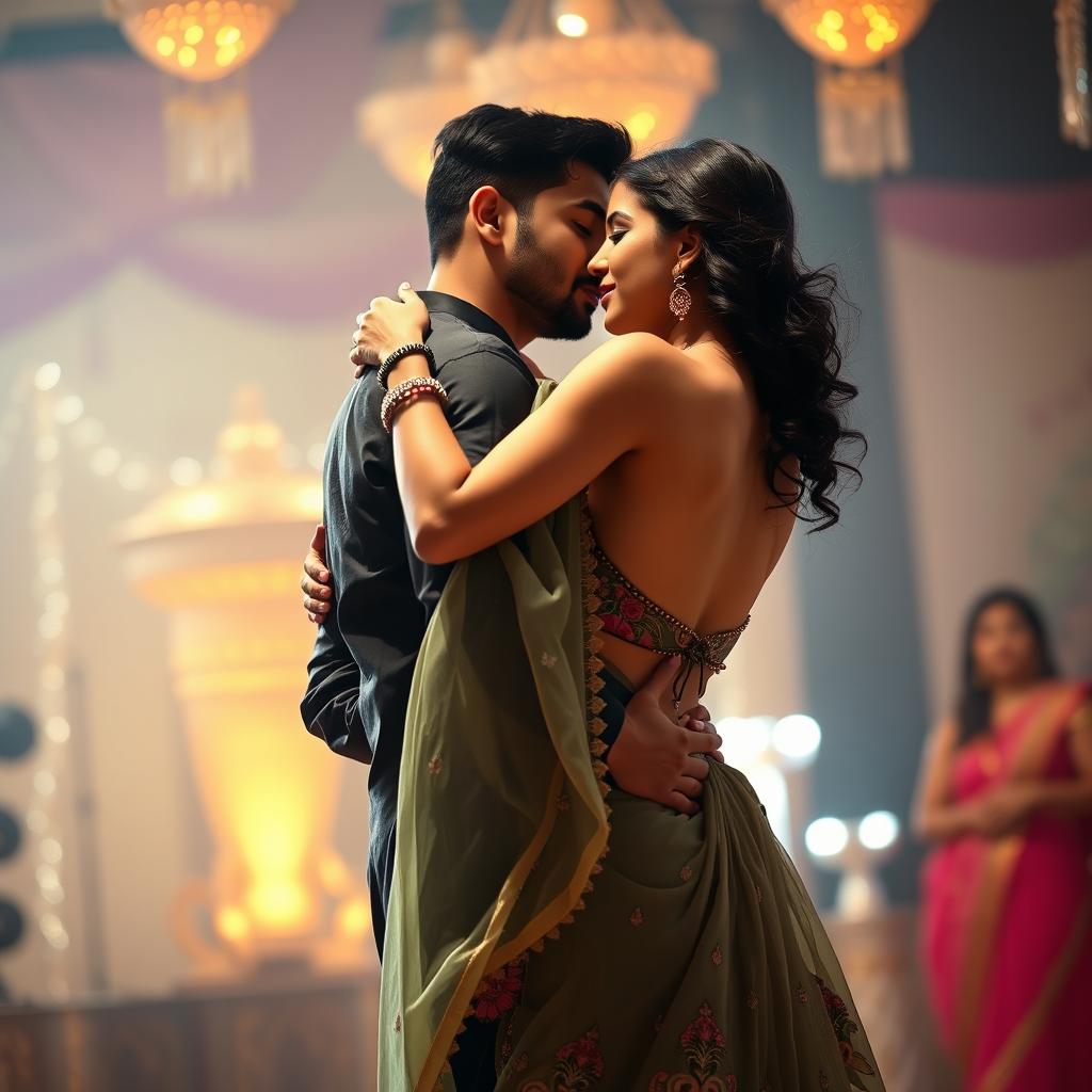 A romantic scene of a stunning Indian woman reminiscent of a Bollywood actress, closely dancing with an Indian man