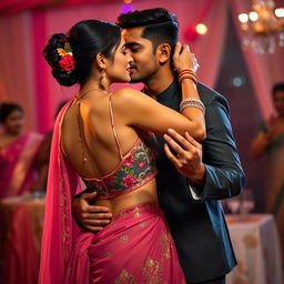 A romantic scene of a stunning Indian woman reminiscent of a Bollywood actress, closely dancing with an Indian man