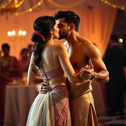 A romantic scene of a stunning Indian woman reminiscent of a Bollywood actress, closely dancing with an Indian man