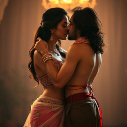 A romantic scene featuring a stunning Indian woman resembling a Bollywood actress, close dancing with an Indian man