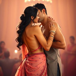 A romantic scene featuring a stunning Indian woman resembling a Bollywood actress, close dancing with an Indian man