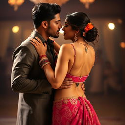 A romantic scene featuring a stunning Indian woman resembling a Bollywood actress, close dancing with an Indian man