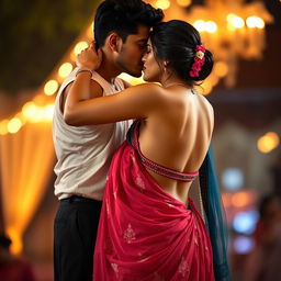 A romantic scene featuring a stunning Indian woman resembling a Bollywood actress, close dancing with an Indian man