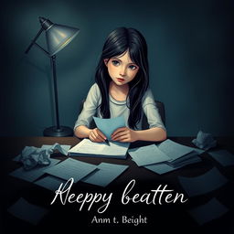 A deeply emotional book cover design featuring a teenage girl sitting at a desk, surrounded by scattered sheets of paper and letters