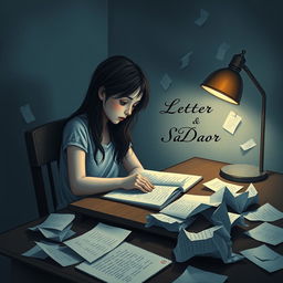 A deeply emotional book cover design featuring a teenage girl sitting at a desk, surrounded by scattered sheets of paper and letters