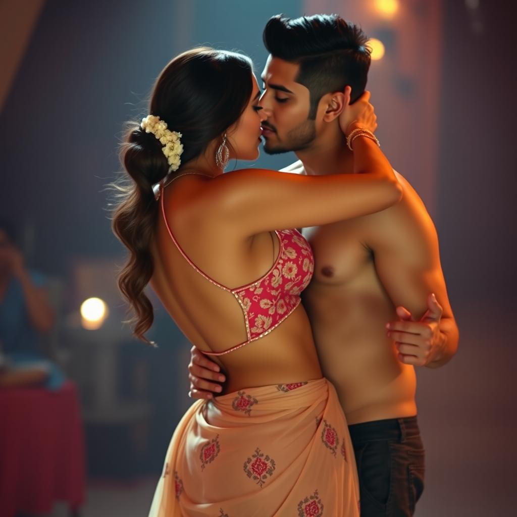 A romantic scene featuring a stunning Indian woman resembling a Bollywood actress, closely dancing with an Indian man