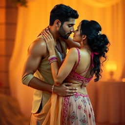 A romantic scene featuring a stunning Indian woman resembling a Bollywood actress, closely dancing with an Indian man