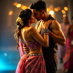 A romantic scene featuring a stunning Indian woman resembling a Bollywood actress, closely dancing with an Indian man