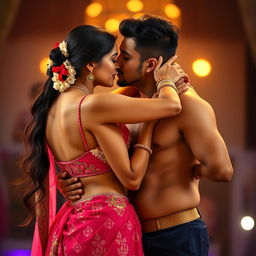 A romantic scene featuring a stunning Indian woman resembling a Bollywood actress, closely dancing with an Indian man