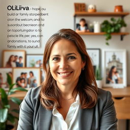 A sincere and engaging portrait of a 38-year-old woman named Olivia, showcasing her family-oriented and career-driven nature