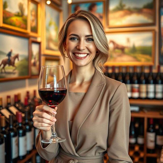 A delightful and refined portrait of a 42-year-old woman named Isabelle, showcasing her passion for wine and art