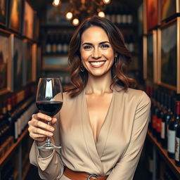A delightful and refined portrait of a 42-year-old woman named Isabelle, showcasing her passion for wine and art