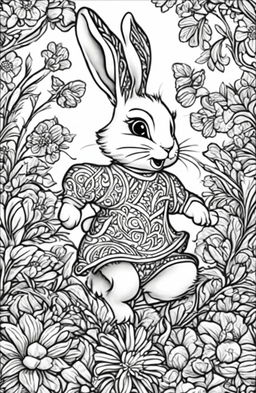 A third, distinct, high-quality, black and white colouring book page featuring an intricately-drawn Easter Bunny in mid-leap, in the detailed style of Tim Jeffs