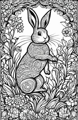 A third, distinct, high-quality, black and white colouring book page featuring an intricately-drawn Easter Bunny in mid-leap, in the detailed style of Tim Jeffs