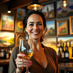 A charming and sophisticated portrait of a 42-year-old woman named Isabelle, highlighting her passion for wine, art, and positive energy