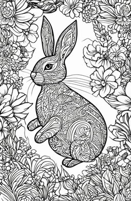 A third, distinct, high-quality, black and white colouring book page featuring an intricately-drawn Easter Bunny in mid-leap, in the detailed style of Tim Jeffs