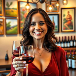 A charming and sophisticated portrait of a 42-year-old woman named Isabelle, highlighting her passion for wine, art, and positive energy