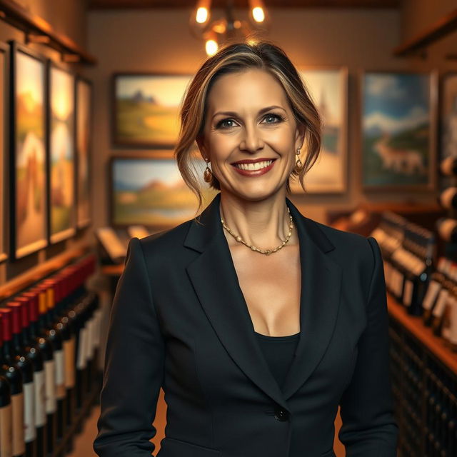 A refined portrait of a 42-year-old woman named Isabelle, embodying her passion for wine, art, and positivity