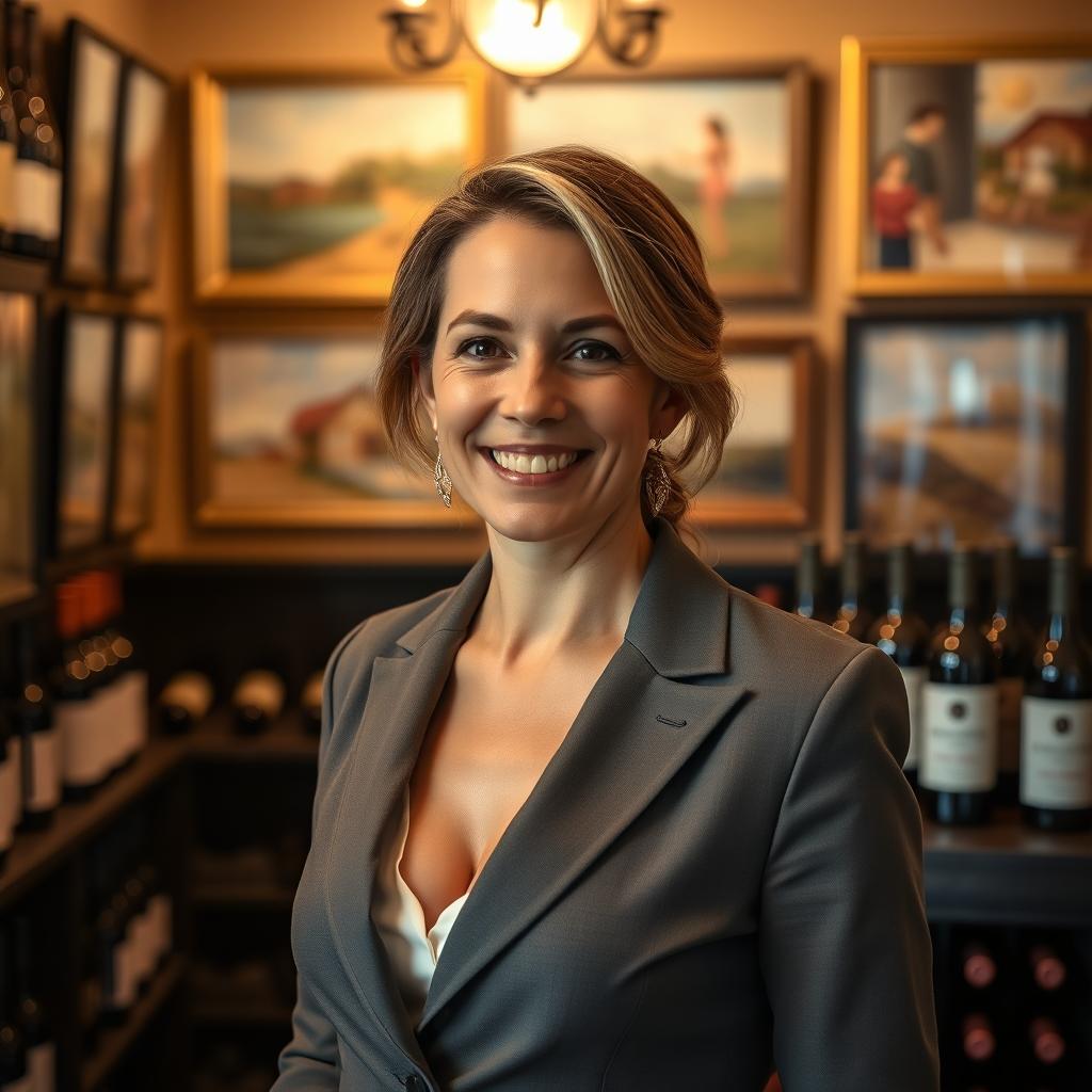 A refined portrait of a 42-year-old woman named Isabelle, embodying her passion for wine, art, and positivity