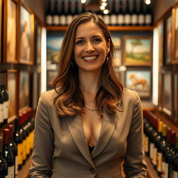 A refined portrait of a 42-year-old woman named Isabelle, embodying her passion for wine, art, and positivity