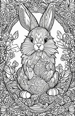 A third, distinct, high-quality, black and white colouring book page featuring an intricately-drawn Easter Bunny in mid-leap, in the detailed style of Tim Jeffs