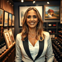 A refined portrait of a 42-year-old woman named Isabelle, embodying her passion for wine, art, and positivity