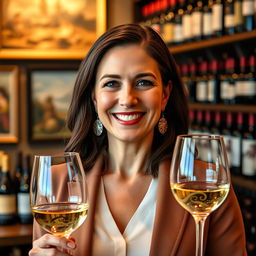 A sophisticated portrait of a 42-year-old woman named Isabelle, embodying her love for wine and art