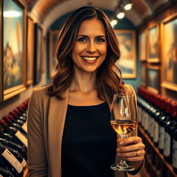 A sophisticated portrait of a 42-year-old woman named Isabelle, embodying her love for wine and art