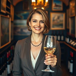 A sophisticated portrait of a 42-year-old woman named Isabelle, embodying her love for wine and art