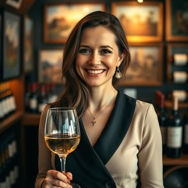 A sophisticated portrait of a 42-year-old woman named Isabelle, embodying her love for wine and art