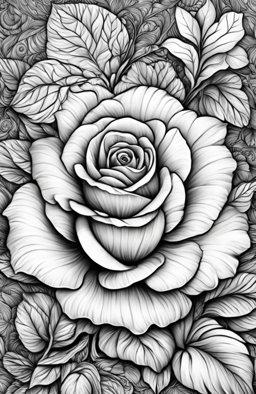 A digital art image in the style of a colouring book page by Johanna Basford, featuring an intricately detailed rose