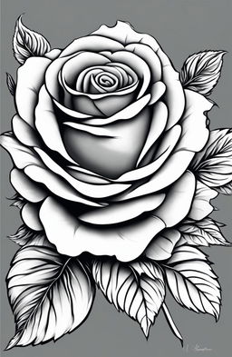 A digital art image in the style of a colouring book page by Johanna Basford, featuring an intricately detailed rose