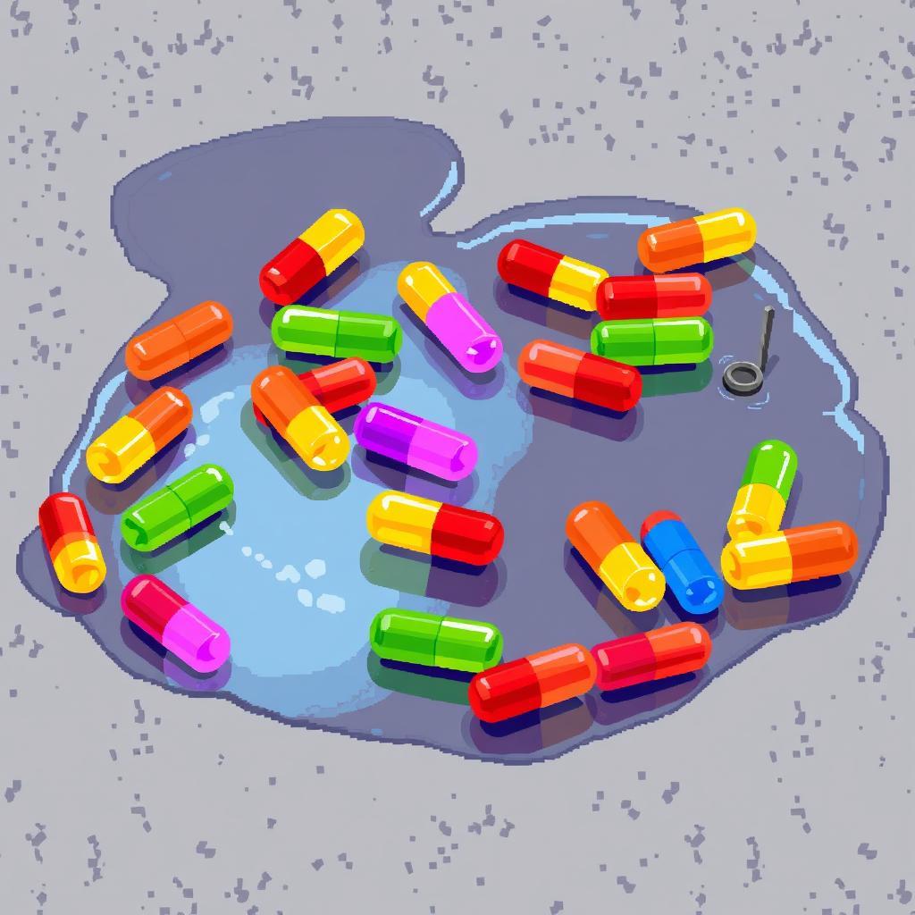 A pixel art scene depicting colorful plastic capsules scattered in a puddle on a textured floor