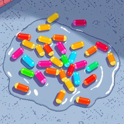 A pixel art scene depicting colorful plastic capsules scattered in a puddle on a textured floor