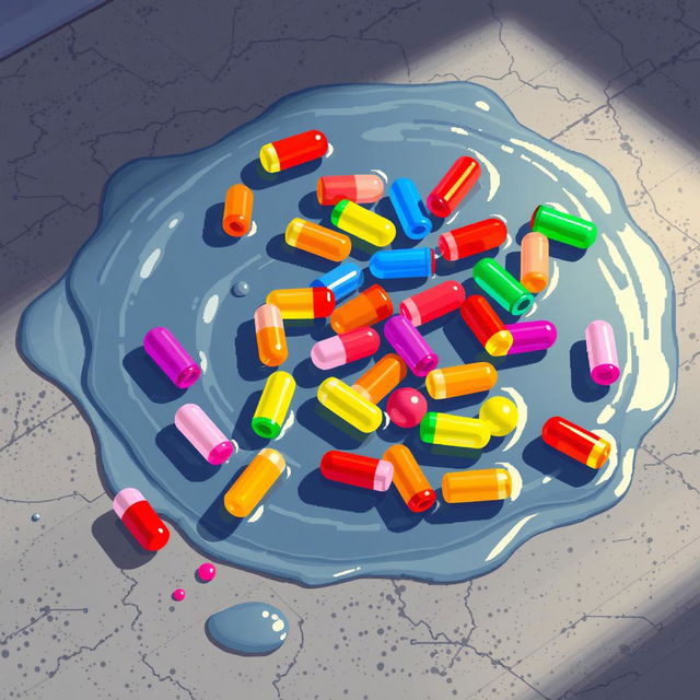 A pixel art scene depicting colorful plastic capsules scattered in a puddle on a textured floor