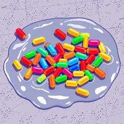 A pixel art scene depicting colorful plastic capsules scattered in a puddle on a textured floor